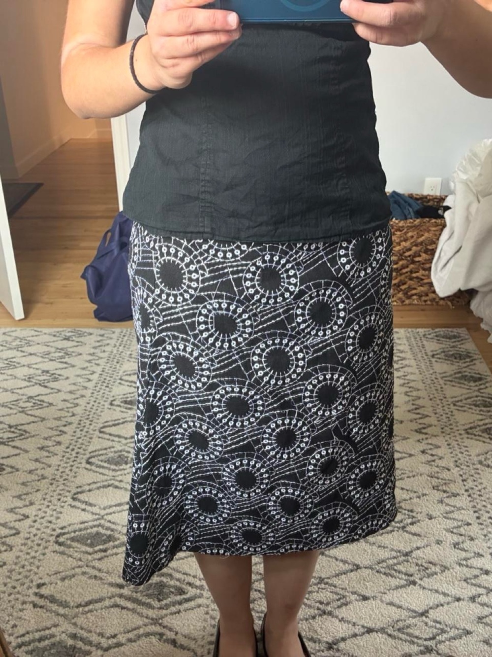 Black & White Midi Skirt with Circular Print
